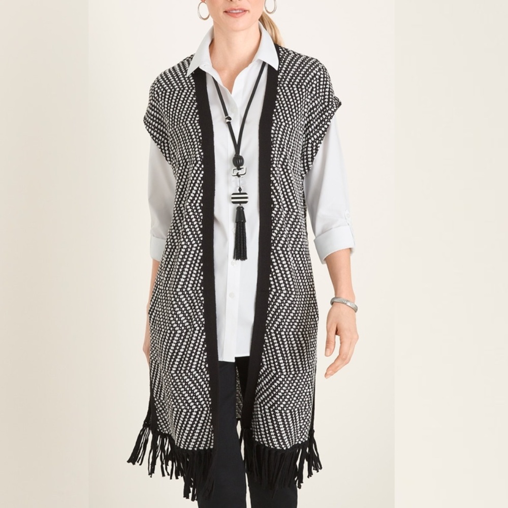Chico's Petite Patterned Fringe-Detail Cardigan Sweater Black Vest 00P XS NWT